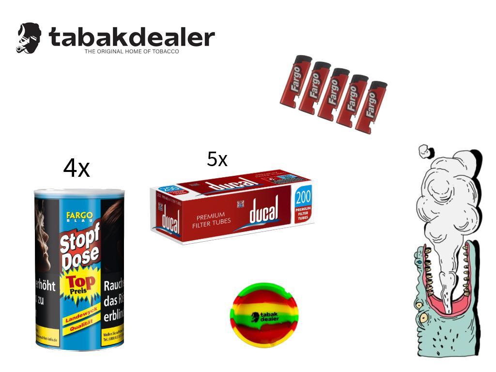 4x Fargo Stopf Dose XXL Blau 122g + 1000 Ducal Hülsen + 5 Feuerzeuge & Tabakdealer Aschenbecher 