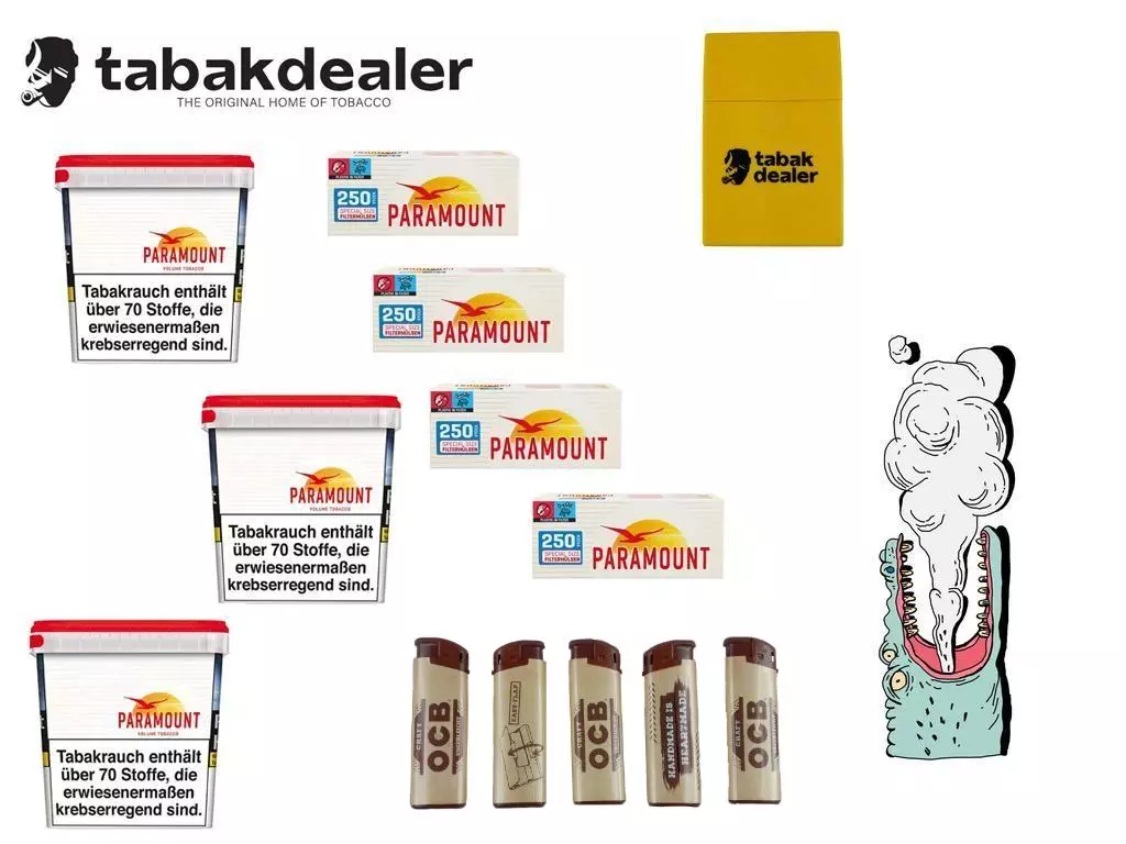 Paramount Volumen Tabak + 1000 Hülen + 5 OCB Feuerzeuge + Tabakdealer Etui 