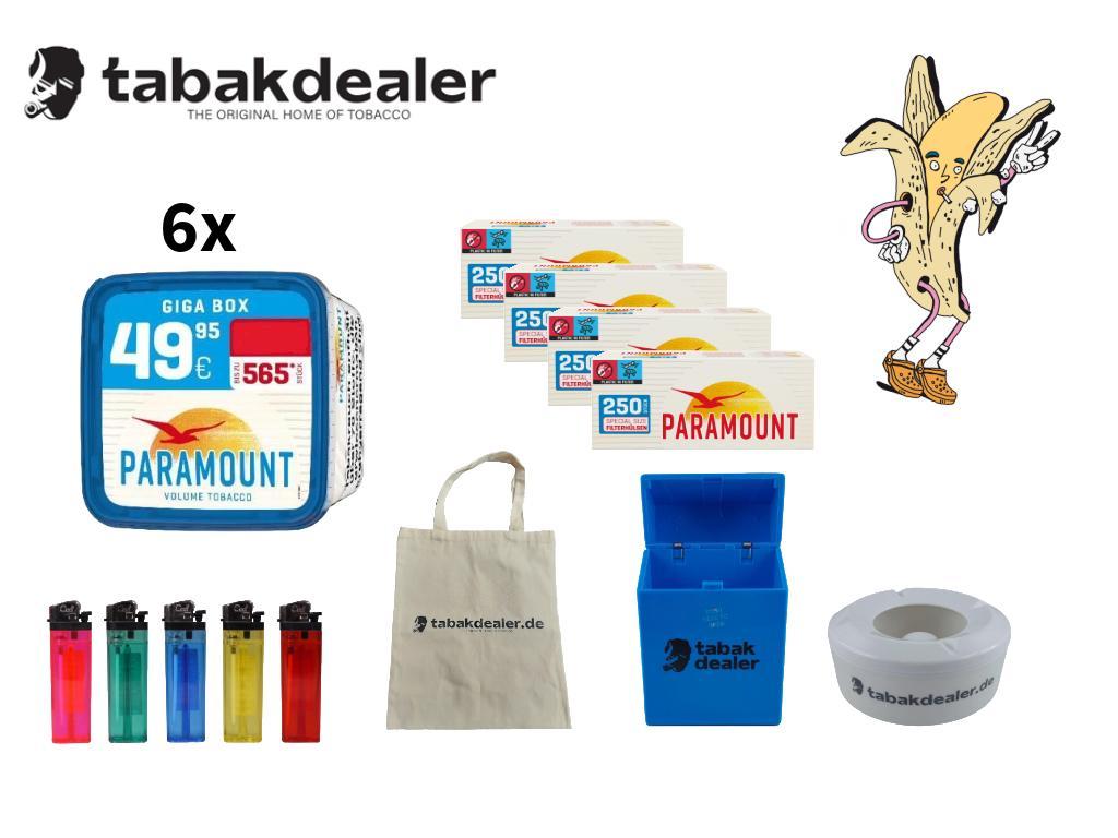6x Paramount Blue Volumen Tobacco 230g + 1000 Hülsen + 5 Cool Feuerzeuge + 1 Windascher + 1 Tabakdealer Etui+ 1 Tabakdealer Tasche 