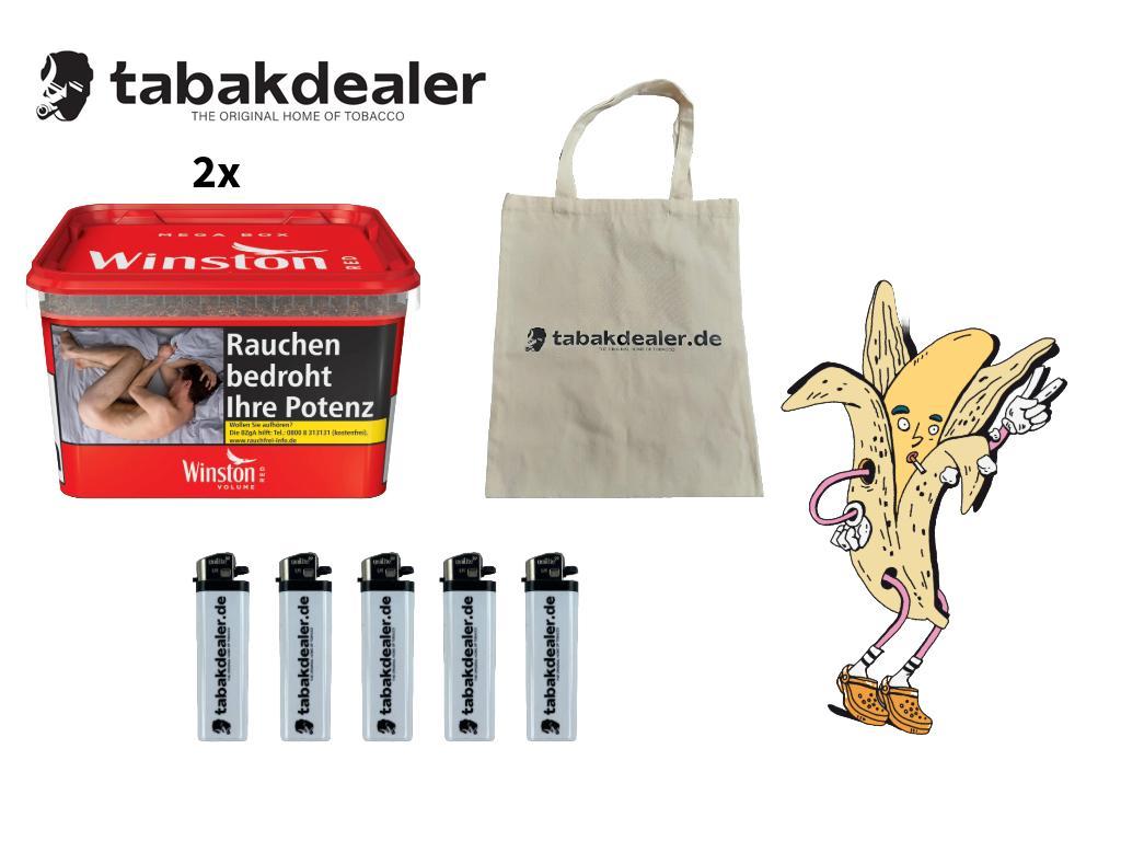 Winston Red Mega Box 125g + 5 Tabakdealer Feuerzeuge & Tabakdealer Tragetasche 