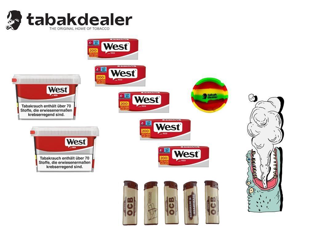 West Red Box 190g + 1000 West Hülsen + Tabakdealeraschenbecher + 5 OCB Feuerzeuge 