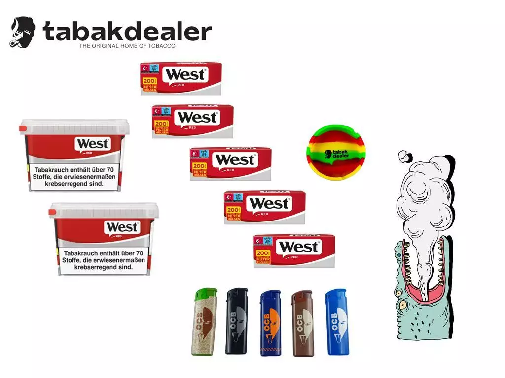 West Red Box 190g + 1000 West Hülsen + Tabakdealeraschenbecher + 5 OCB Feuerzeuge 1