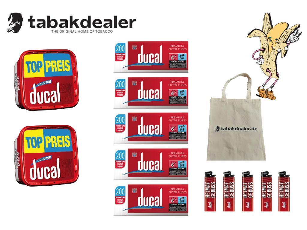 Ducal Red Volumen Tabak + 1000 Hülsen + 5 Ducal Feuerzeuge & Tabakdealer Tasche 