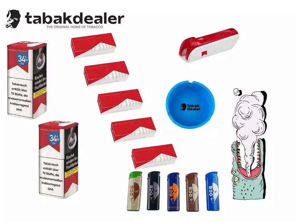 Marlboro XL Tabak + Marlboro Stopfer + 1000 Hülsen + 5 OCB Feuerzeuge + Tabakdealer Aschenbecher 