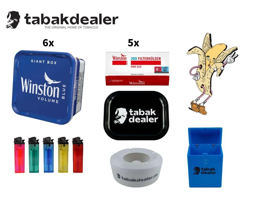 6x Winston Blue 155g + Winston Hülsen + Feuerzeug m+ TD Etui + TD Tray + Ascher
