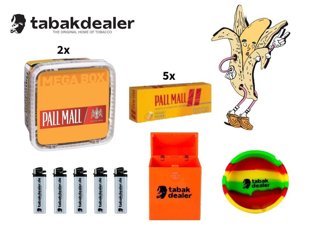 2x Pall Mall Allround Red Mega 135g + 1000 Pall Mall Allorund Full Xtra Hülsen + 5 Tabakdealer Feuerzeuge + Tabakdealer Aschenbecher + Etui 