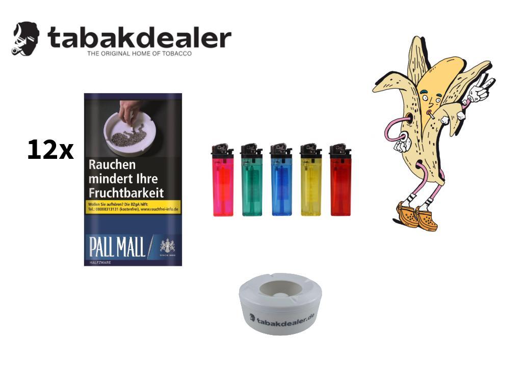 12x Pall Mall Roll Halfzware Tabak + 5 Cool Reibradfeuerzeuge + 1 Tabakdealer Windascher 6 x 30g