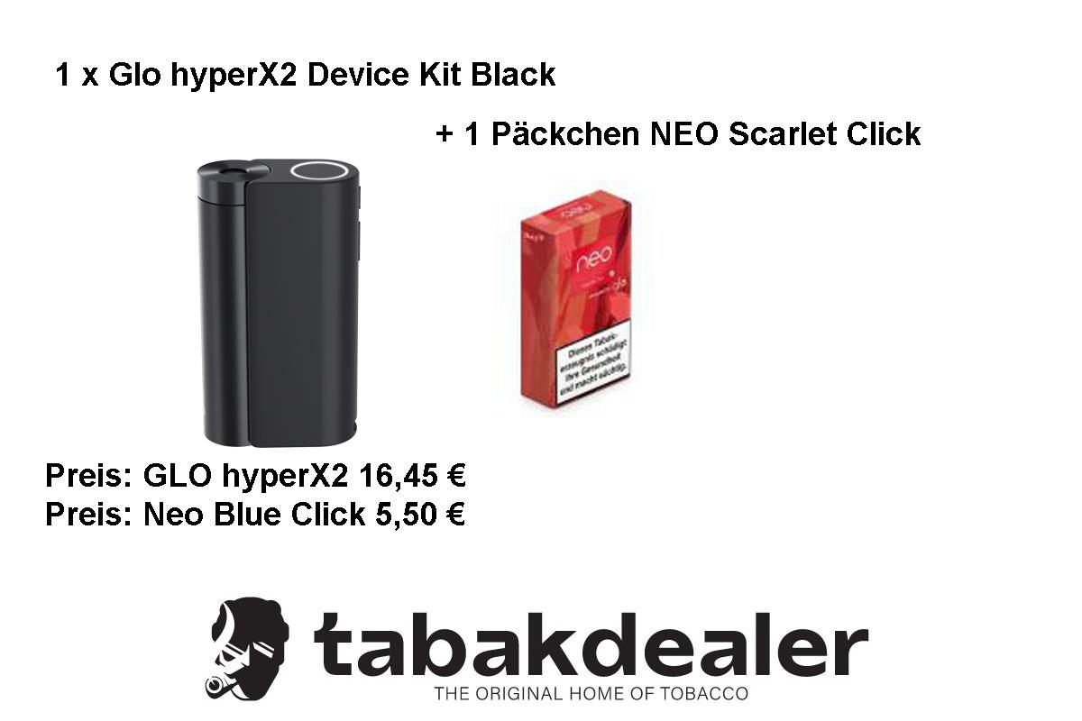 glo hyperX2 Device Kit Black + 1 Packung NEO Scarlet Click Tabaksticks 