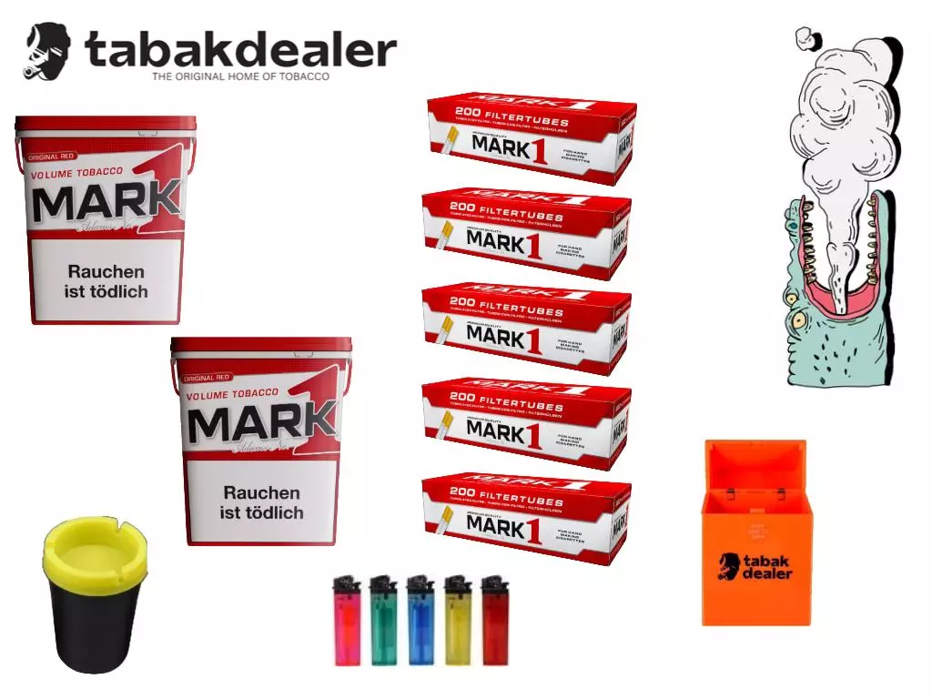 2 x Mark 1 Red Tabak 400g Eimer + 1000 Hülsen + 5 Feuerzeuge + 1 Tabakdealer Etui + 1 Autoaschenbecher 