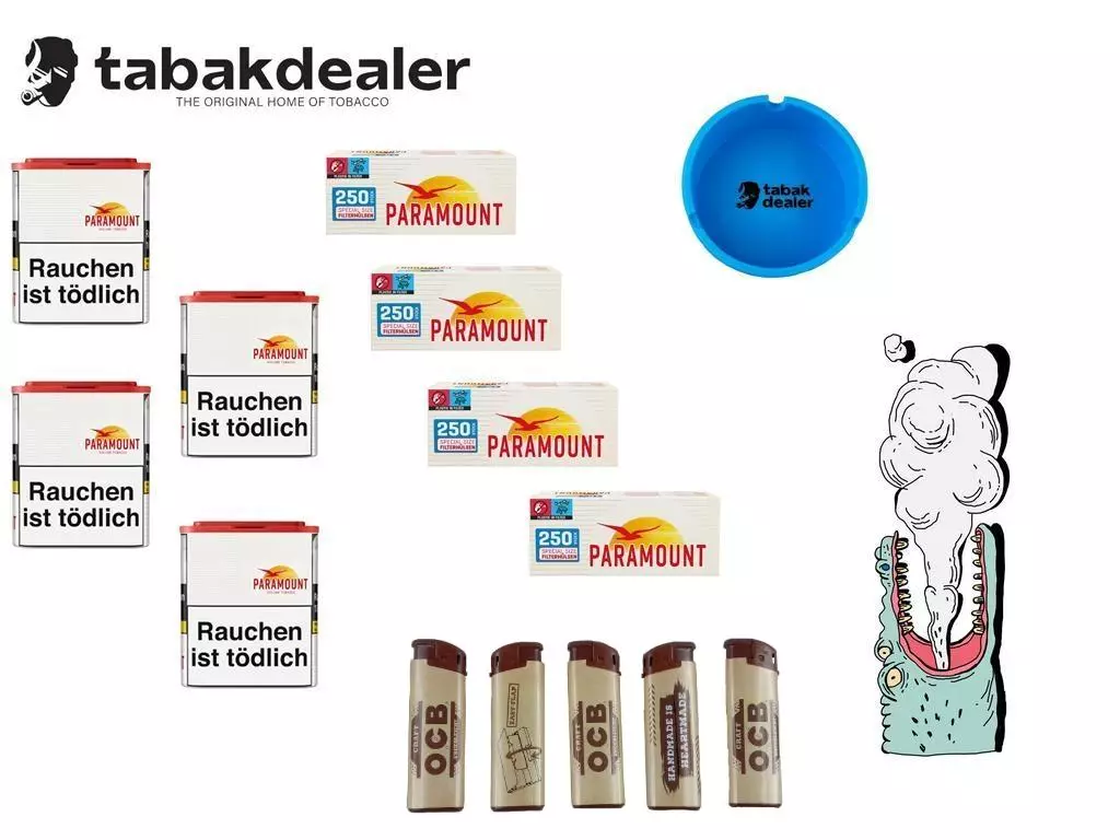 Paramount Volumen Tabak 40g + 1000 Hülsen + Tabakdealer Aschenbecher und 5 OCB Feuerzeuge 