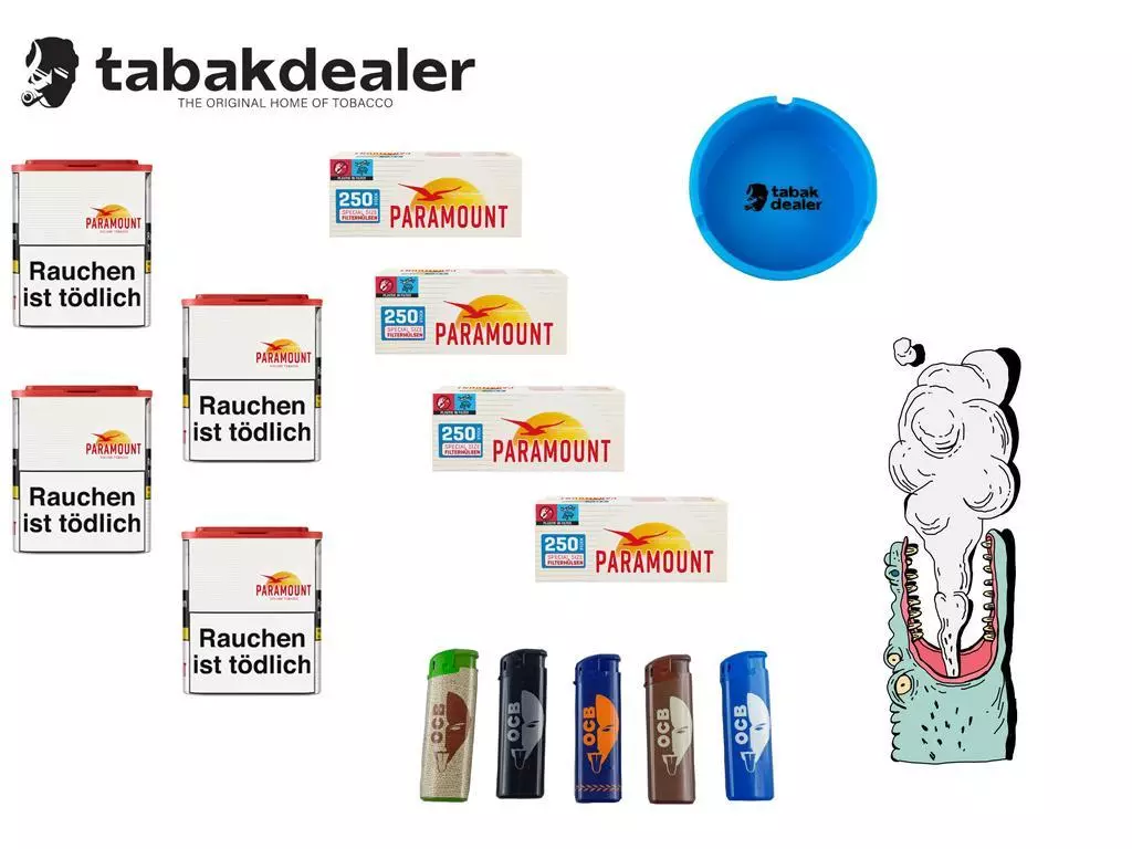 Paramount Volumen Tabak 43g + 1000 Hülsen + Tabakdealer Aschenbecher und 5 OCB Feuerzeuge 