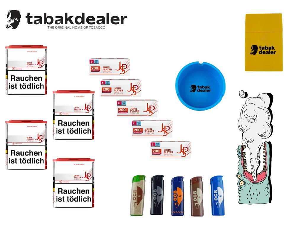 John Player Red XL Tabak + 1000 Hülsen + 5 OCB Feuerzeuge + Tabakdealer Etui und Aschenbecher