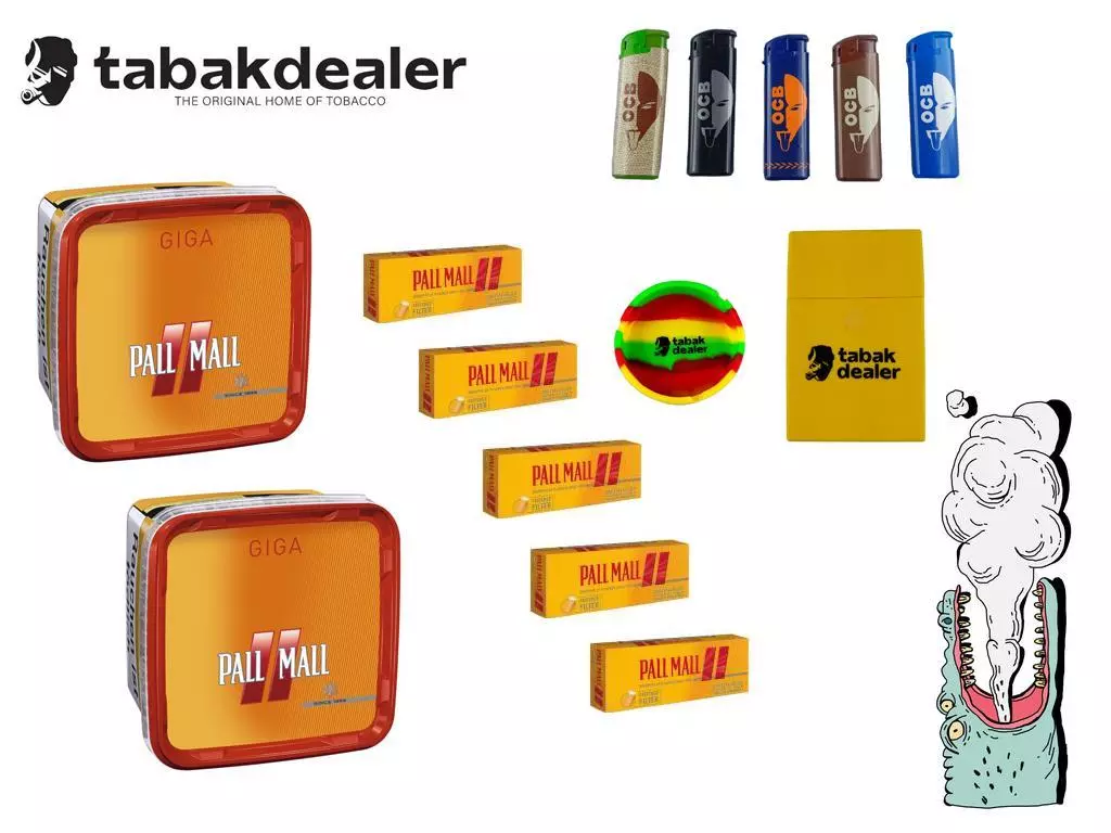 2 Pall Mall Allround Red Giga + 1000 Pall Mall Allround Xtra Hülsen / 5 OCB Feuerzeuge Tabakdealer Aschenbecher+ Etui 