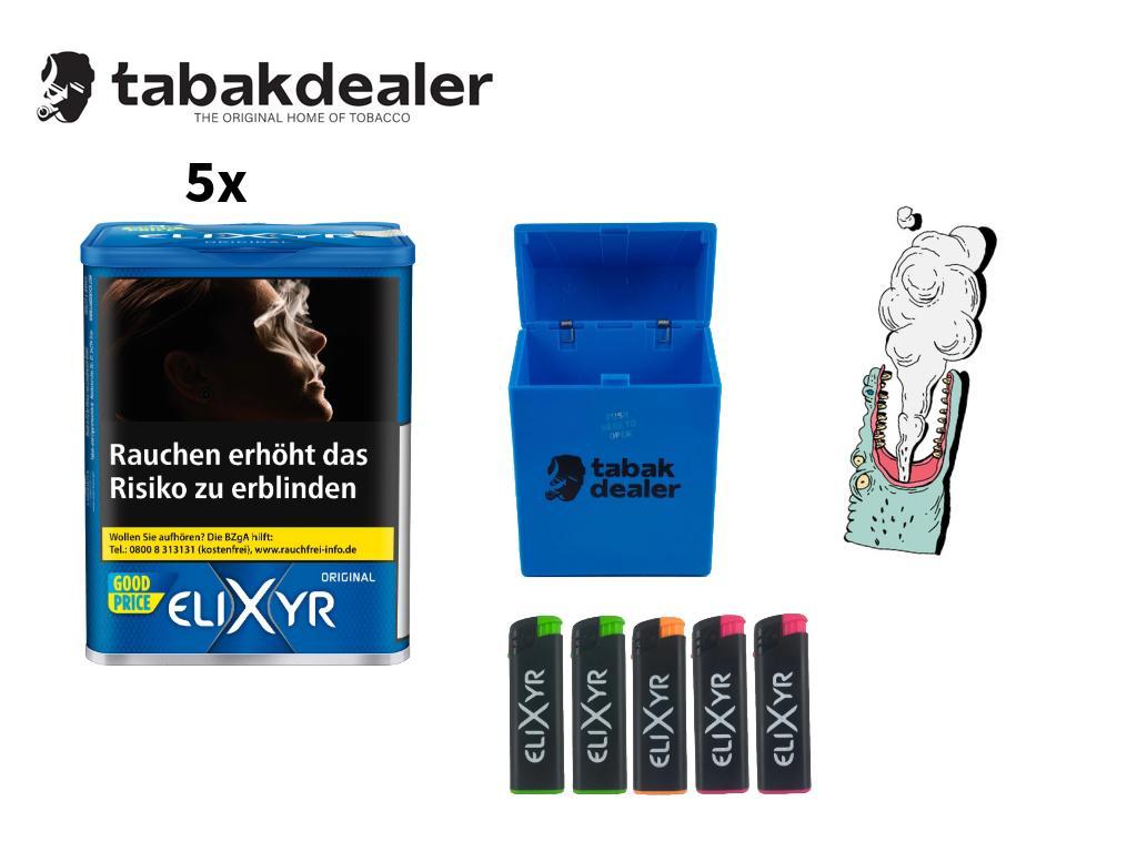 5 x Elixyr Original Blue 102g + 1 Tabakdealer Etui + 5 Elixyr Feuerzeuge 