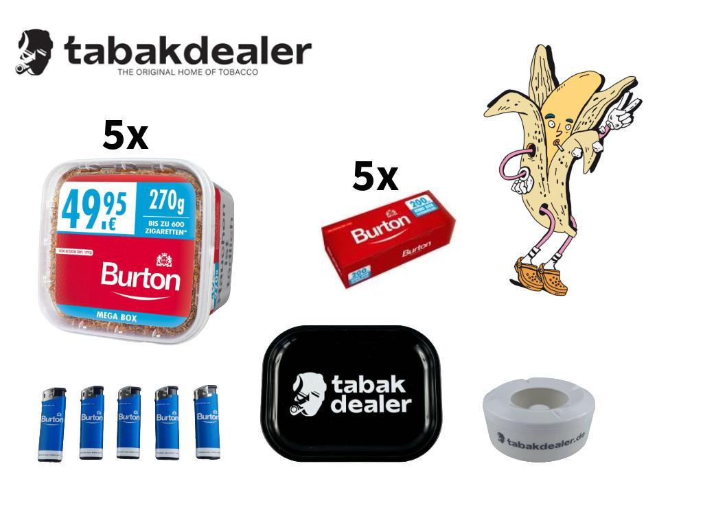 5 x Burton Volumen Tabak Red XXXL + 1000 Burton Red Hülsen + 5 Burton Feuerzeuge blau + 1 Tabakdealer Tray + 1 Tabakdealer Windascher 