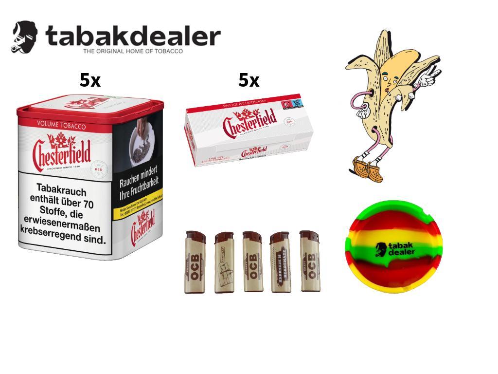 Chesterfield Volumen Tabak M + 1000 Hülsen + 5 OCB Feuerzeuge + Tabakdealer Aschenbecher 