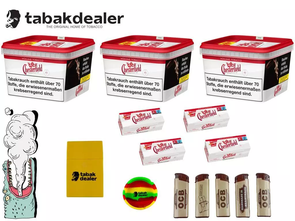 Chesterfield Mega Volumen Tabak + 1000 Hülsen + 5 OCB Feuerzeuge + Tabakdaeler Aschenbecher & Etui