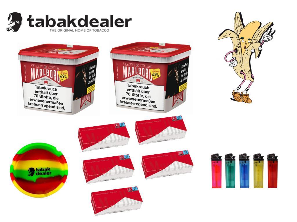 2 x Marlboro Crafted Selection Tabak + 1000 Marlboro Red Hülsen + 5 Reibrad Feuerzeuge + 1 Tabakdealer Aschenbecher 
