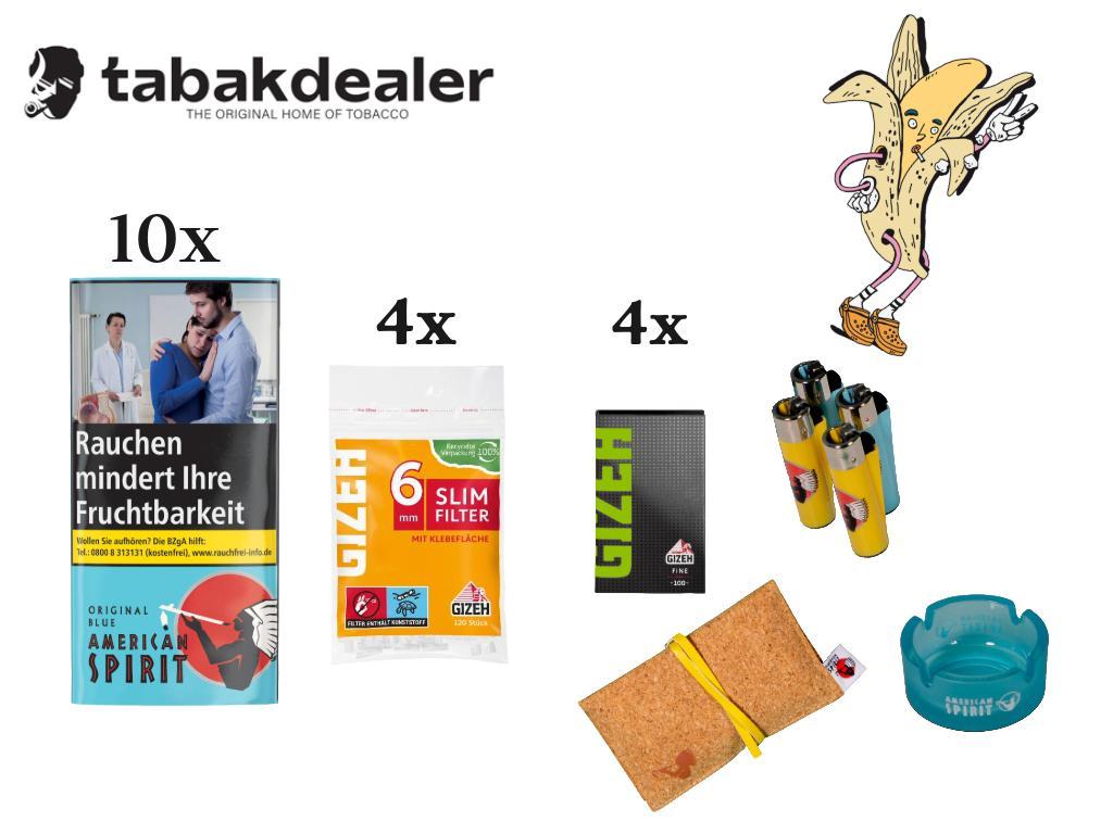 10x American Spirit Blue, Gizeh Filter, Gizeh Blättchen, Aschenbecher, FZ, Kork Pouch 