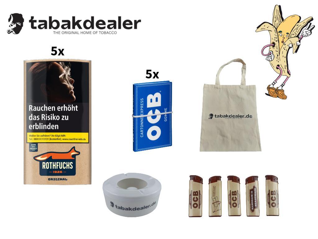 5 x 30g Rothfuchs Original Tabak + 5 x OCB Papier + 5 OCB Feuerzeuge + 1 x Tabakdealer Windaschenbecher + 1 x Tabakdealer Tasche