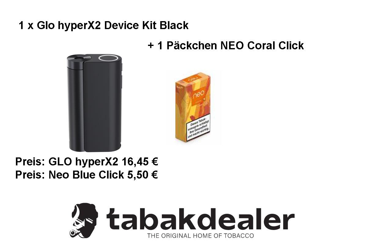 glo hyperX2 Device Kit Black + 1 Packung NEO Coral Click Tabaksticks 