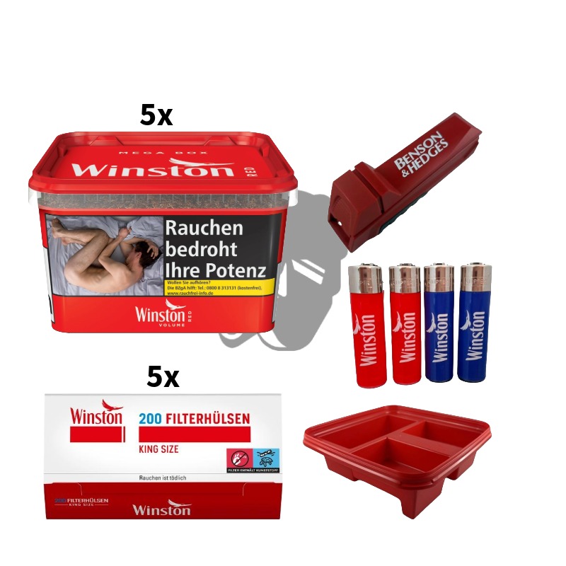 5x Winston Red Mega Box 120g + 1000 Winston Hülsen +1 Benson & Hedges Duo Maker + 4 BIC Mini Feuerzeuge + 1 Winston Aufbewahrungsdeckel 5x Winston Red Mega Box 120g + 1000 Winston Hülsen +1 Benson & Hedges Duo Maker + 4 BIC Mini Feuerzeuge + 1 Winston Aufbewahrungsdeckel