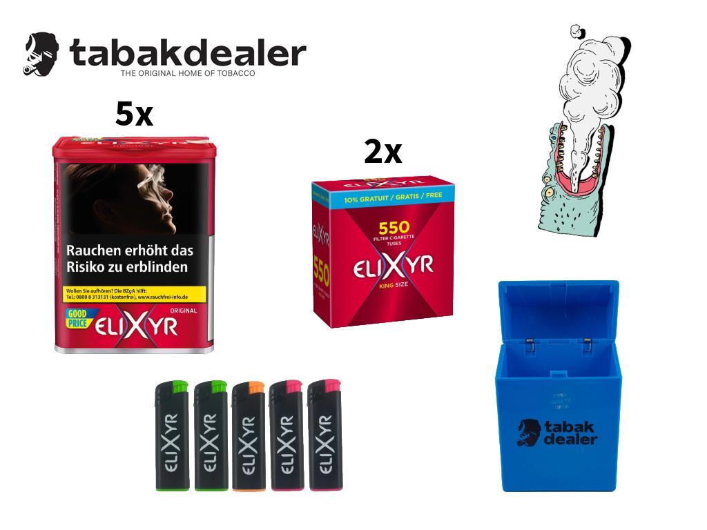 5 x Elixyr Red Tobacco + 1100 Hülsen + 1 Tabakdealer Etui + 5 Elixyr Feuerzeug 