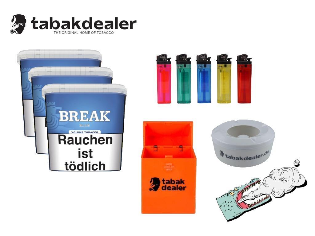 3 x Break Blue Bucket 195g + 5 Cool Feuerzeuge + 1 Windascher + Tabakdealer Etui 