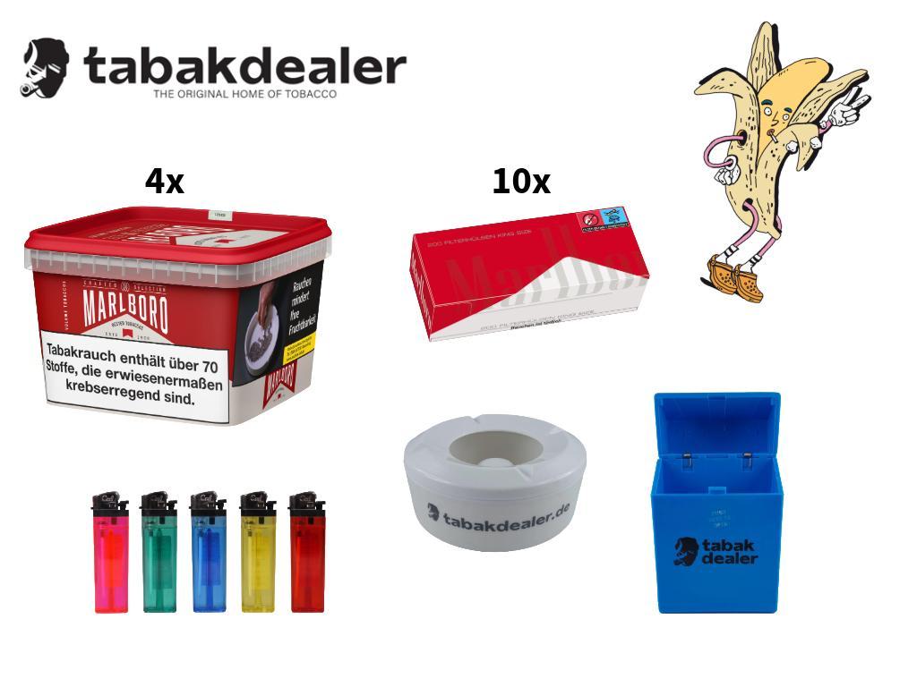 4 x Marlboro Crafted Selection Tabak + 2000 Marlboro Red Hülsen + 5 Reibrad Feuerzeuge + 1 Tabakdealer Etui + 1 Tabakdealer Windascher 