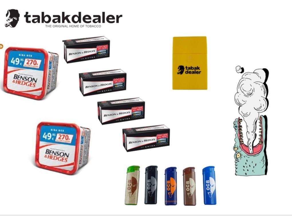 Benson & Hedges Tabak + 1000 Hülsen + 5 OCB Feuerzeuge und Tabakdealer Etui 