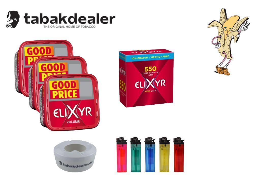 3x Elixyr Volumen Tobacco Box + 550 Elixyr Filterhülsen + 1 Cool Feurzeuge +1 Windascher 