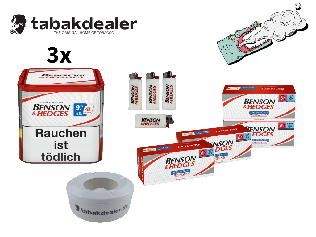 3x Benson & Hedges Tabak 43g + 1000 Hülsen + 5 OCB Feuerzeuge und Tabakdealer Aschenbecher 