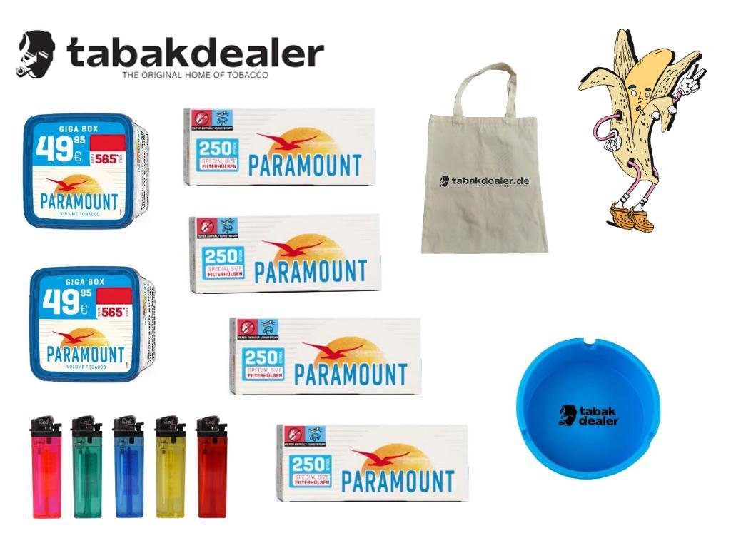 Paramount Blue Tabak Dose + 1000 Paramount Blue Hülsen + 5 Reibrand Feuerzeuge + Tabakdealer Tasche & Aschenbecher 