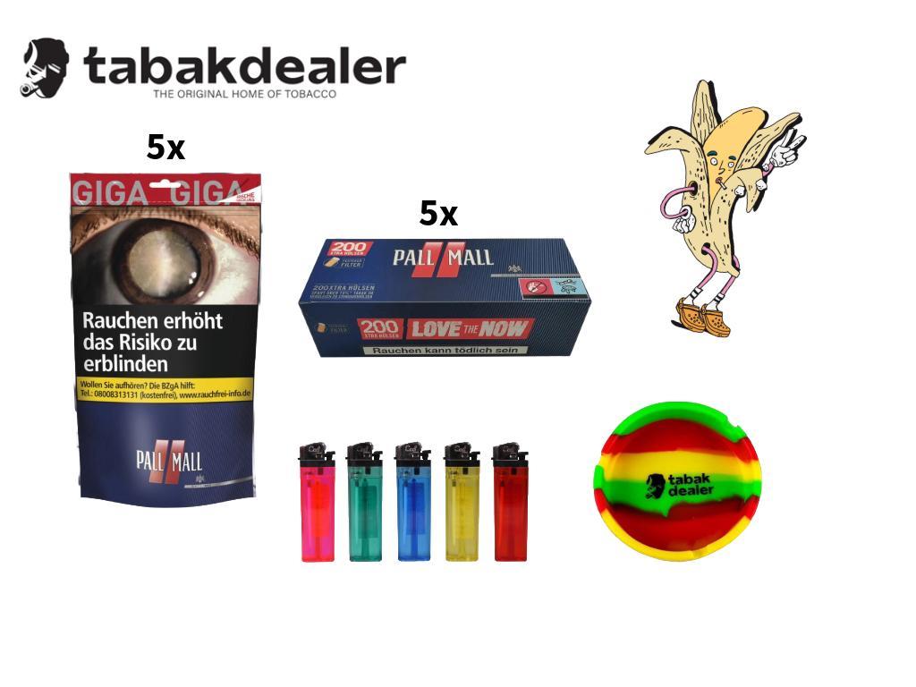 5 Pall Mall Red Beutel 104g, 1000 Pall Mall Hülsen, 5 Reibrad Feuerzeuge, Aschenbecher