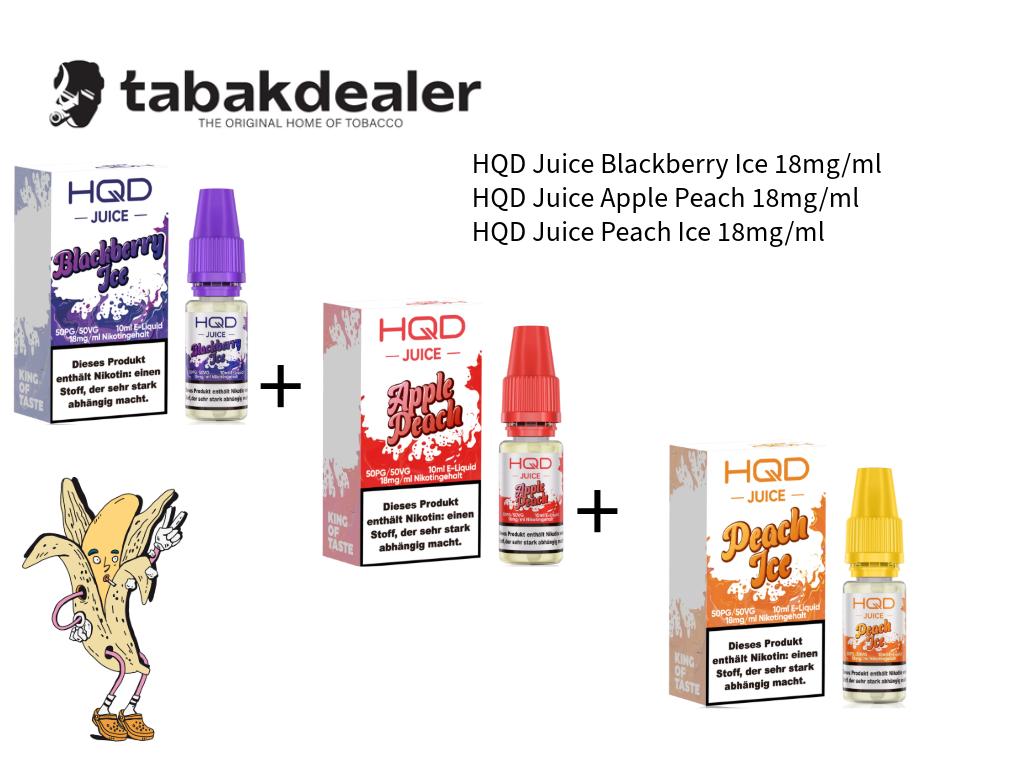 HQD Juice Blackberry Cherry, Apple Peach, Peach Ice 18mg/ml 3er