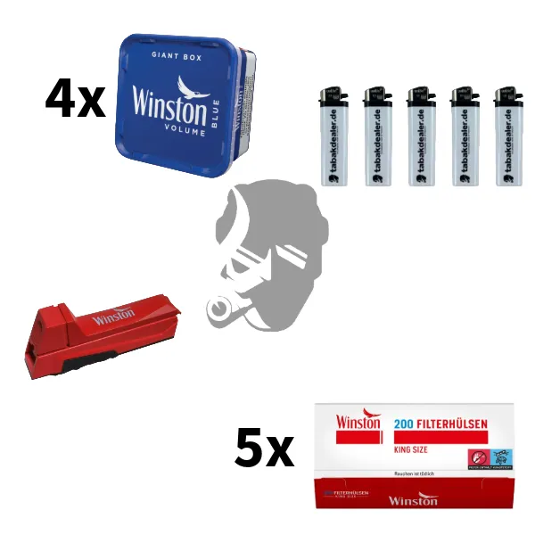4x Winston Blue Volume Box 165g + 1000 Winston Hülsen + Winston Duo Maker + Tabakdealer Feuerzeuge