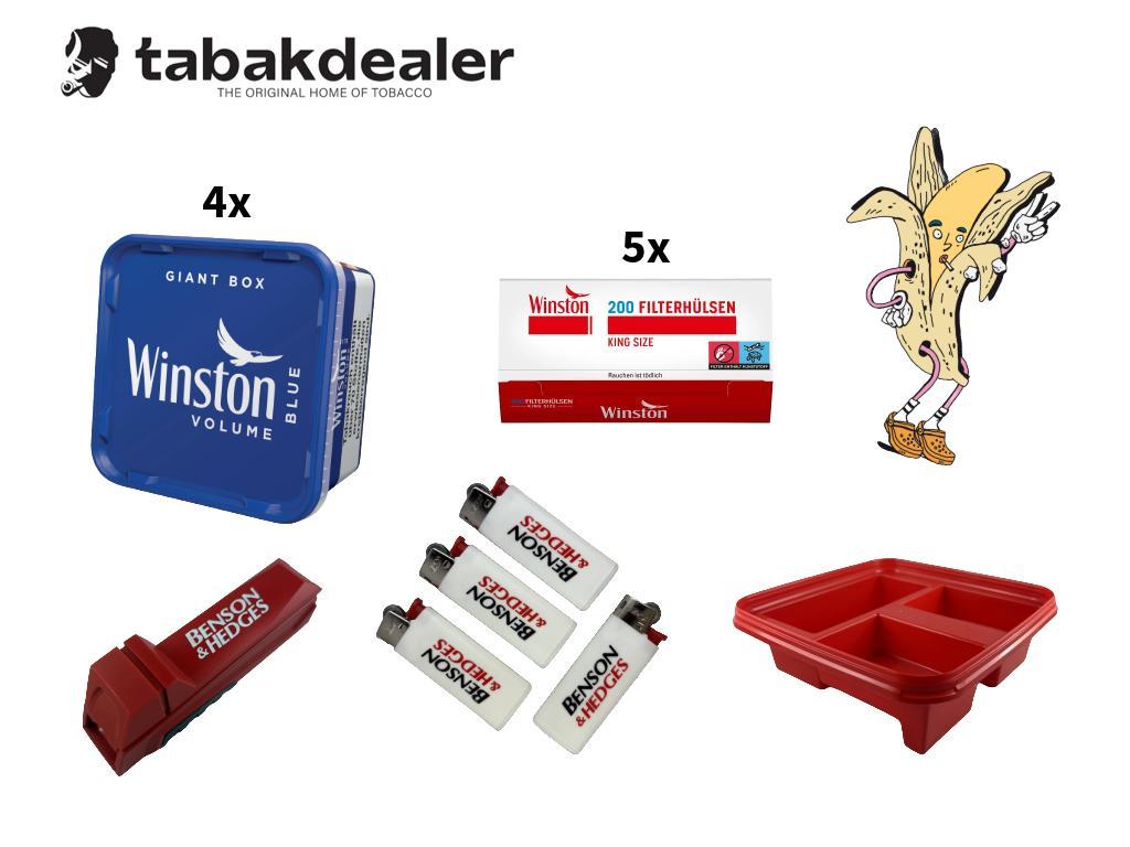 4x Winston Blue Volume Box + 1000 Winston Hülsen +1 Benson & Hedges Duo Maker + 4 BIC Mini Feuerzeuge + 1 Winston Aufbewahrungsdeckel 