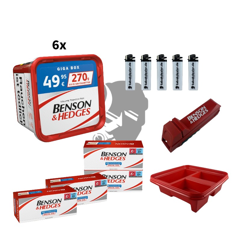 6x Benson & Hedges Tabak 270g + 1000 Hülsen + 4x Benson & Hedges Feuerzeuge + 1x Stopfer + 1x Aufbewahrungsdeckel 