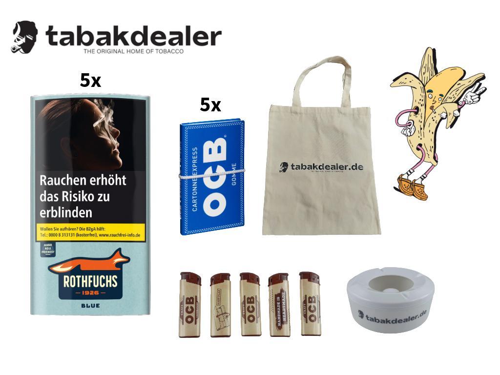 5 x 30g Rothfuchs Blue Tabak + 5 x OCB Papier + 5 OCB Feuerzeuge + 1 x Tabakdealer Windaschenbecher + 1 x Tabakdealer Tasche 