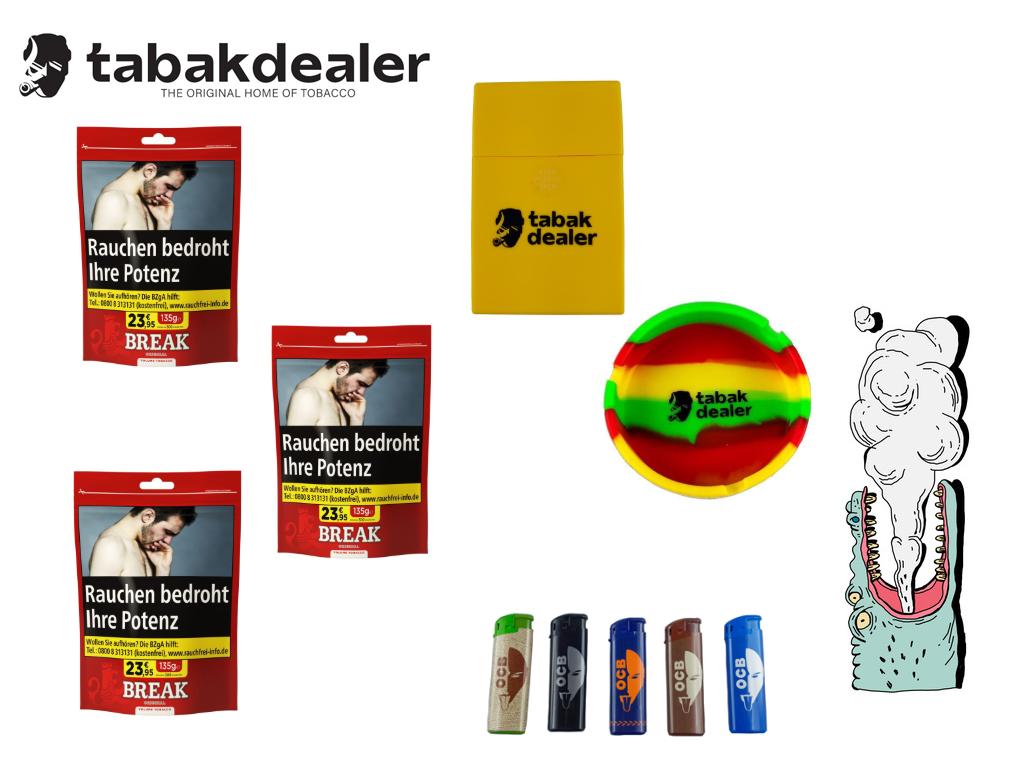 Break Original 135g Tabak + Tabakdealer Etui & Aschenbecher und 5 OCB Feuerzeuge 