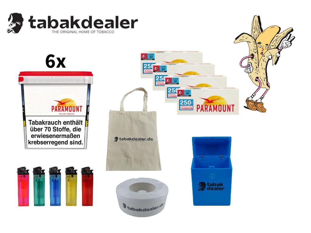 6x Paramount Volumen Tobacco 230g + 1000 Hülsen + 5 Cool Feuerzeuge + 1 Windascher + 1 Tabakdealer Etui+ 1 Tabakdealer Tasche 