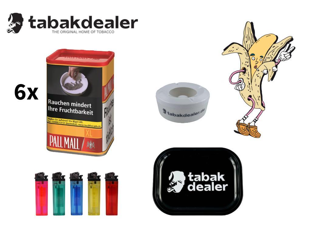 6x Pall Mall Allround Red L Tabak+ 5 Cool Reibradfeuerzeuge + 1 Tabakdealer Tray schwarz + 1 Tabakdealer Windascher 1 x 43g