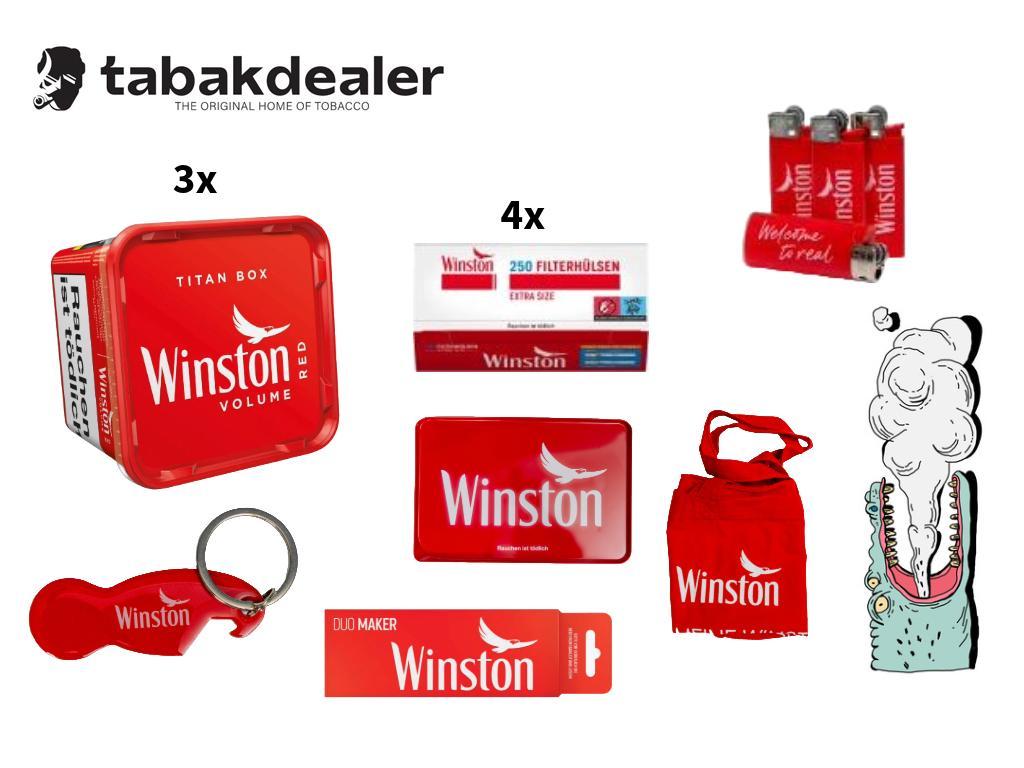 3x Winston Titan Box Red 300g + 1000 Hülsen + 4x Feuerzeuge + 1x Stofftasche + 1x Stopfer + 1x Schlusselanhänger + 1x Stopftray 