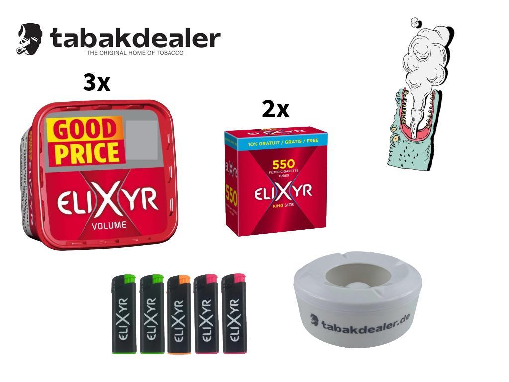3x Elixyr Volumen Tobacco Box + 1100 Elixyr Filterhülsen + 5 Elixyr Feuerzeuge +1 Windascher 