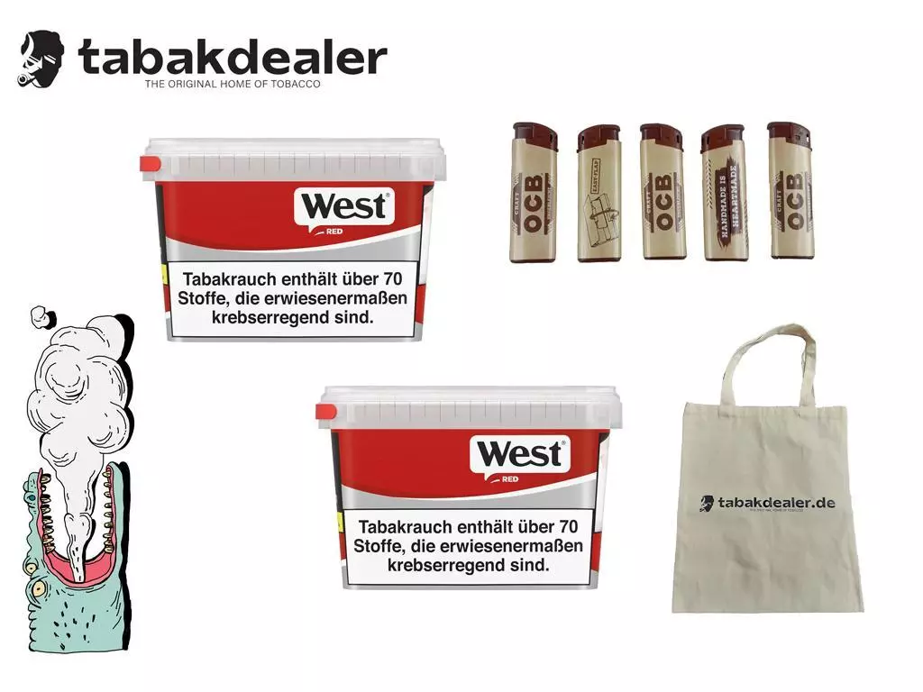 West Red Box Tabak + 5 OCB Feuerzeuge & Tabakdealer Tasche 