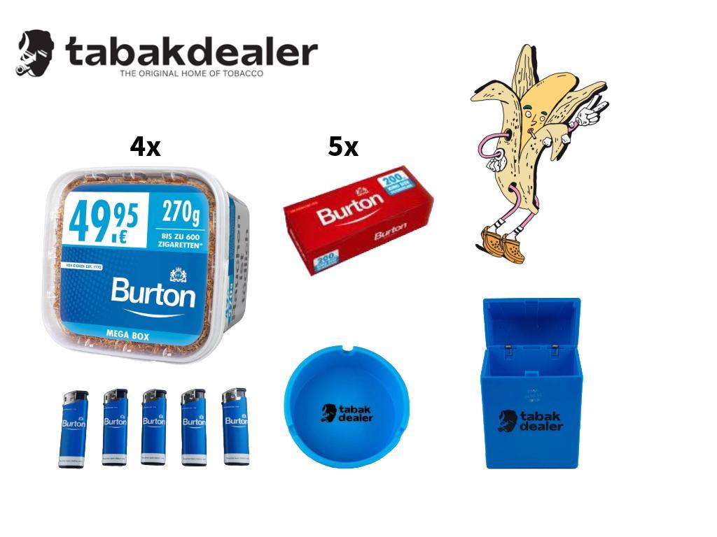 4 x Burton Tabak Blue + 1000 Burton Red Hülsen + 5 Burton Feuerzeuge blau + 1 Tabakdealer Aschenbecher + 1 Tabakdealer Etui 