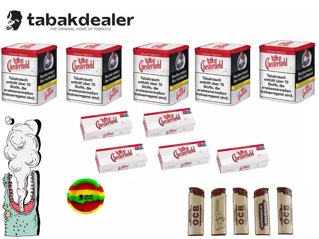 Chesterfield Volumen Tabak M + 1000 Hülsen + 5 OCB Feuerzeuge + Tabakdealer Aschenbecher 