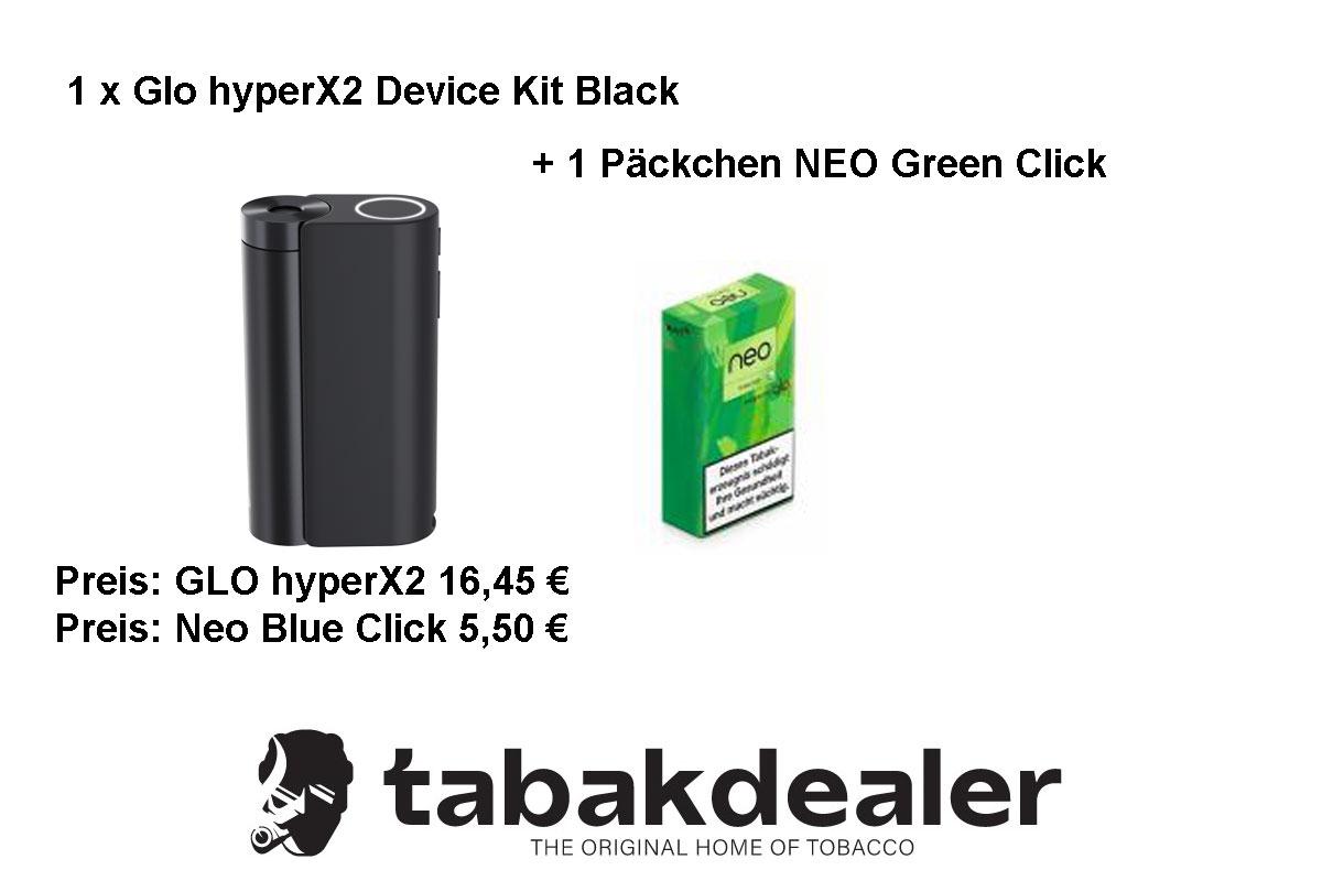glo hyperX2 Device Kit Black + 1 Packung NEO Green Click Tabaksticks 