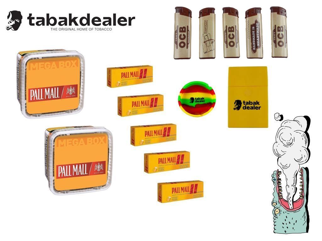 2 Pall Mall Allround Red Mega + 1000 Pall Mall Allorund Full Xtra Hülsen / 5 OCB Feuerzeuge Tabakdealer Aschenbecher Etui 