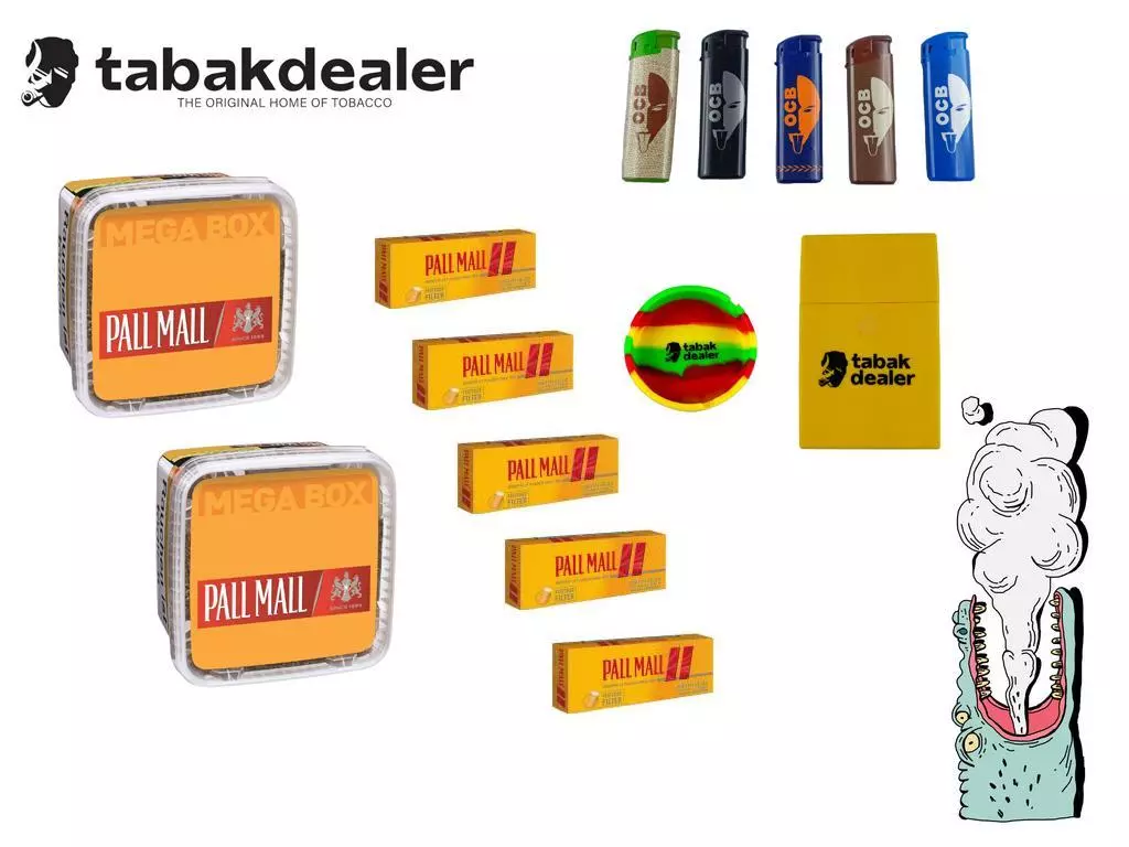 2 Pall Mall Allround Red Mega + 1000 Pall Mall Allorund Full Xtra Hülsen / 5 OCB Feuerzeuge Tabakdealer Aschenbecher Etui 